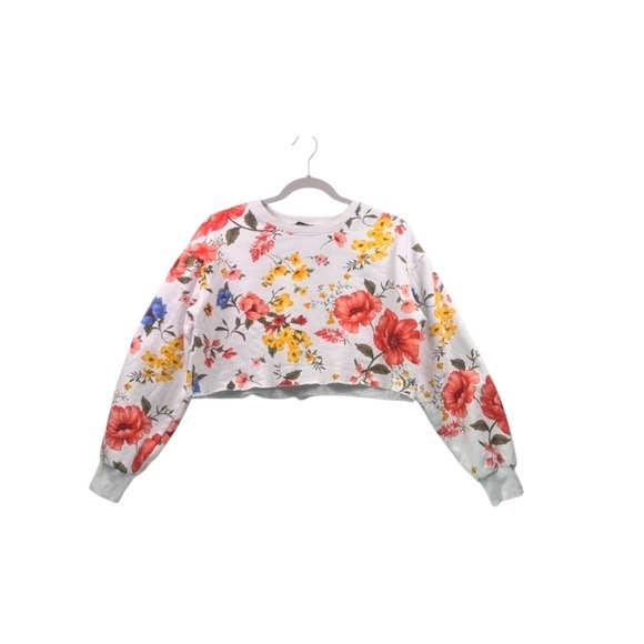 Forever 21 Floral Print Cropped Sweatshirt White Multicolor Size S - Picture 9 of 16